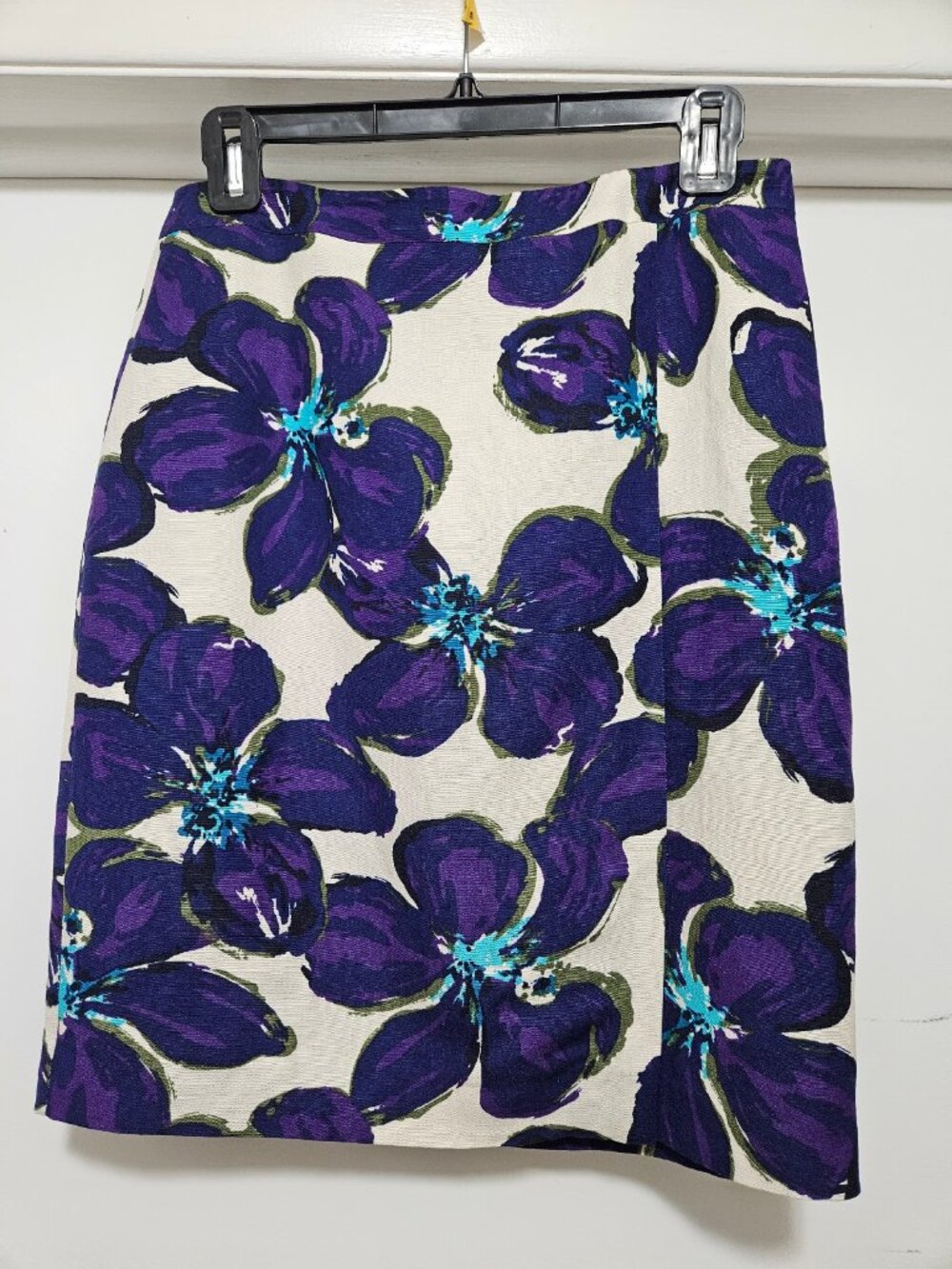 Tropical botanical purple violet cream teal floral pencil skirt business casual